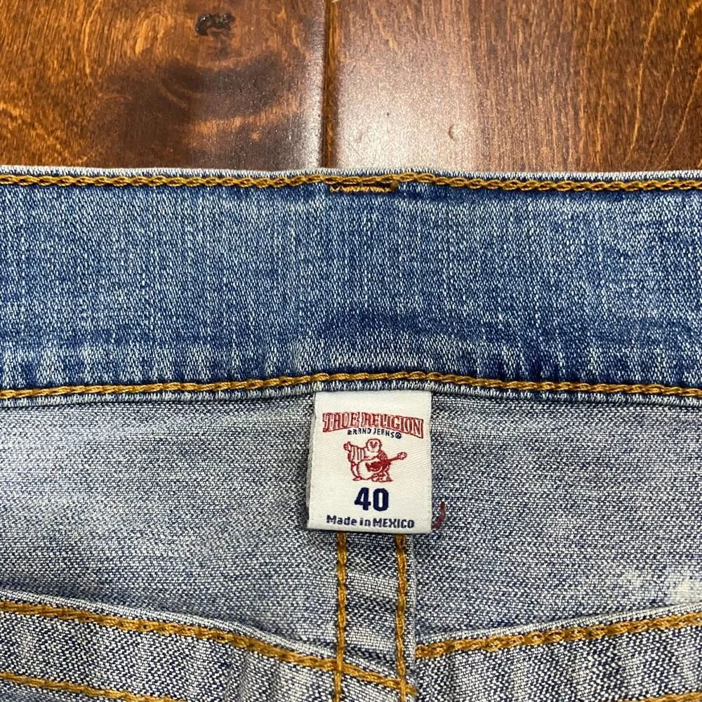 True Religion Straight Leg Bleached Distressed Denim Blue Jeans Men's Size 40